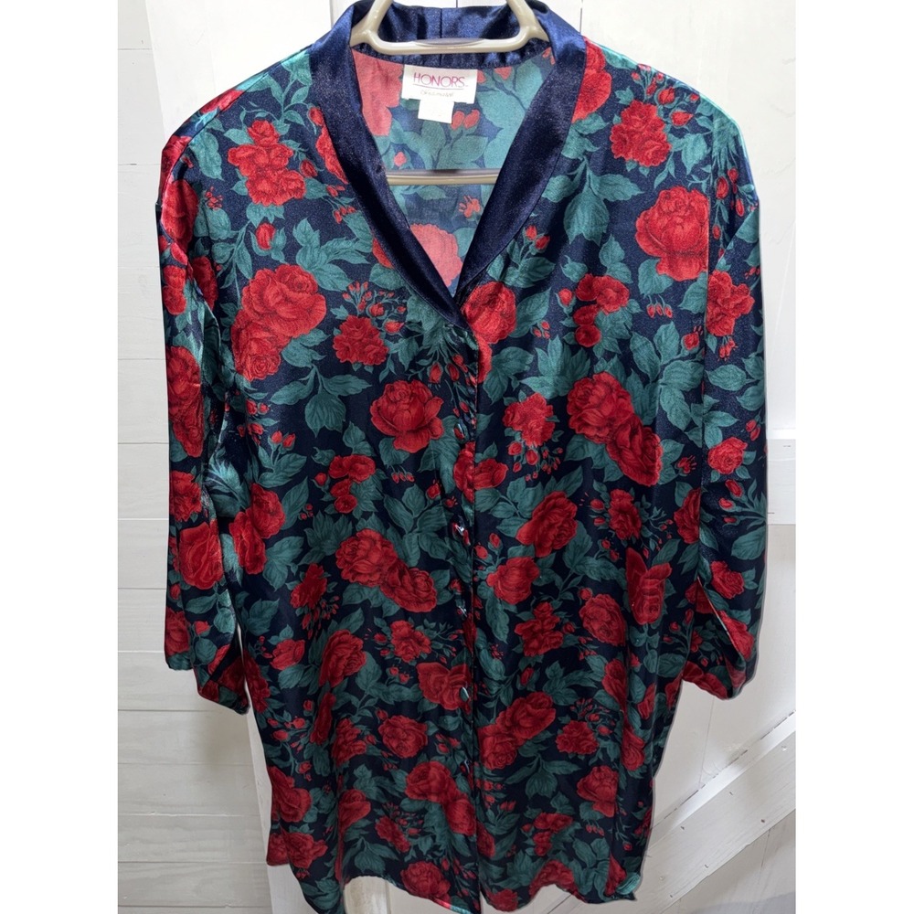Vintage Honors Intimates Satin Sleep Shirt Button Robe Floral Rose Medium